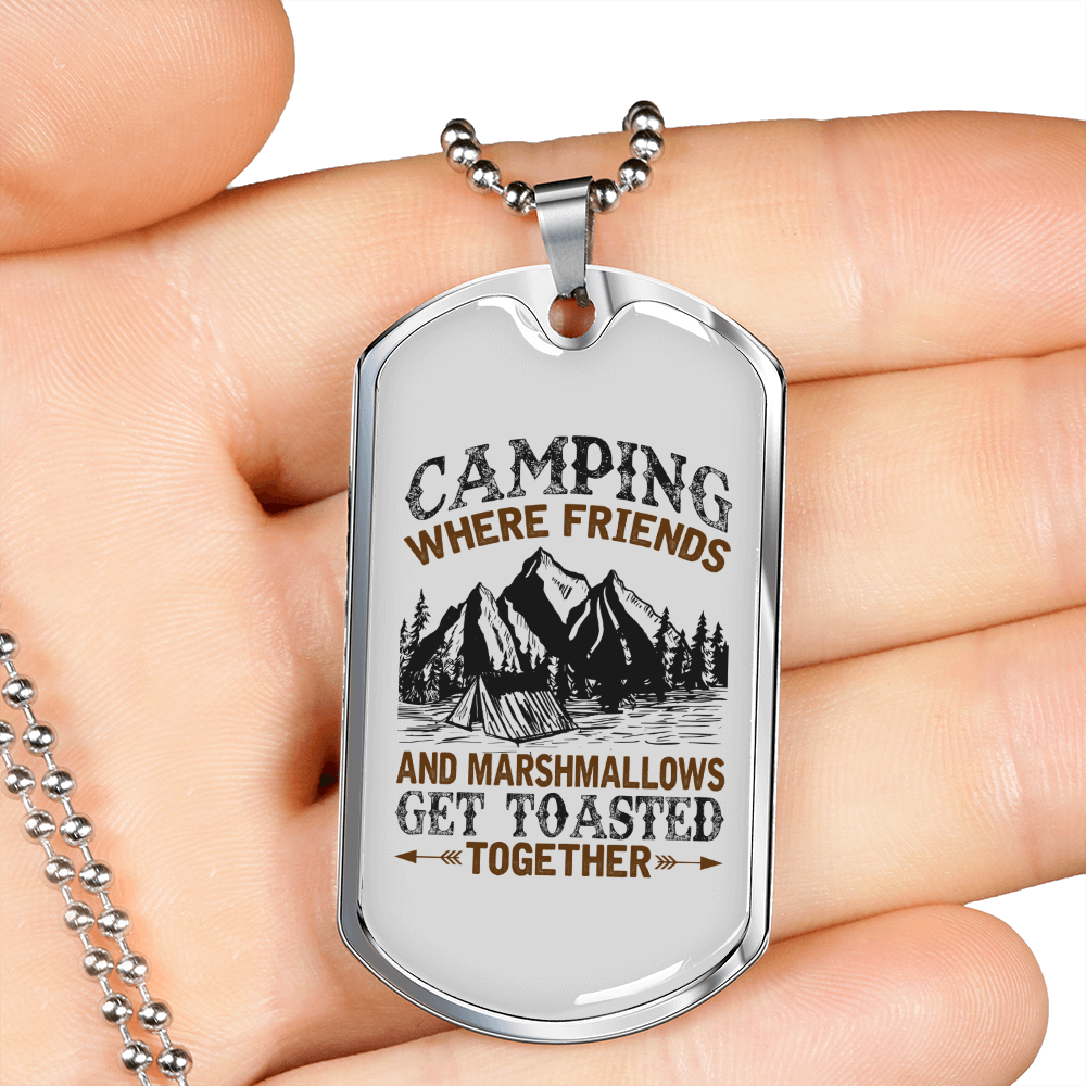 Camper Necklace Camping Friends & Marshmallows Necklace Stainless Steel or 18k Gold Dog Tag 24" Chain-Express Your Love Gifts