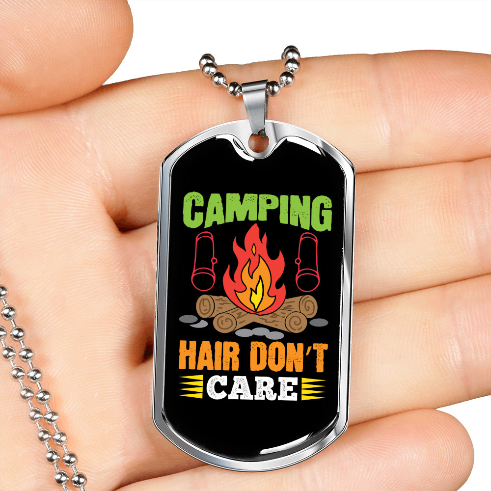Camper Necklace Camping Hair Don't CAre Campfire Necklace Stainless Steel or 18k Gold Dog Tag 24" Chain-Express Your Love Gifts