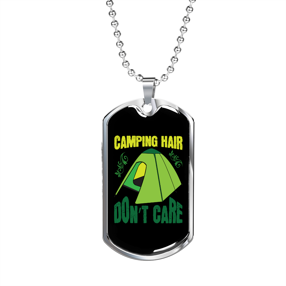 Camper Necklace Camping Hair Don't CAre Green Tent Necklace Stainless Steel or 18k Gold Dog Tag 24" Chain-Express Your Love Gifts