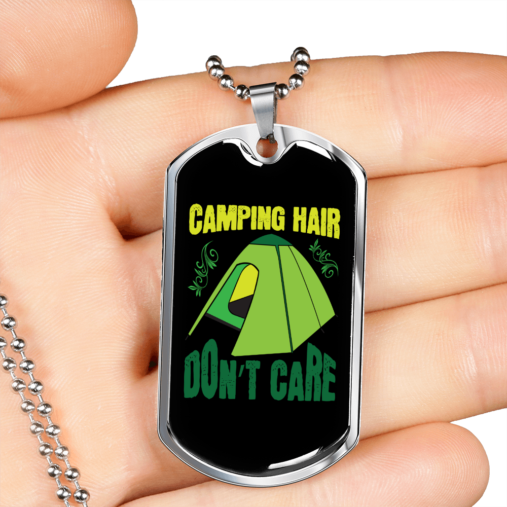 Camper Necklace Camping Hair Don't CAre Green Tent Necklace Stainless Steel or 18k Gold Dog Tag 24" Chain-Express Your Love Gifts