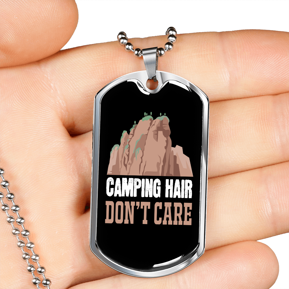 Camper Necklace Camping Hair Don't CAre Necklace Stainless Steel or 18k Gold Dog Tag 24" Chain-Express Your Love Gifts