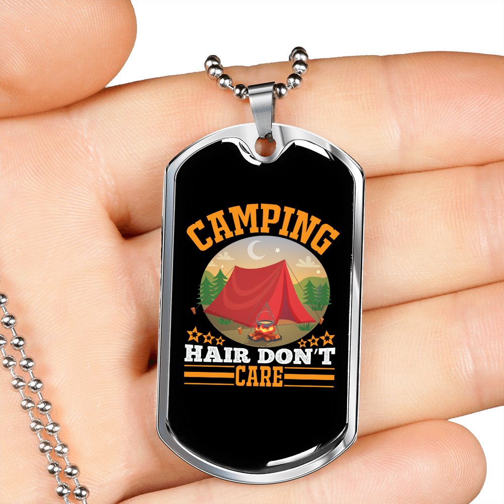 Camper Necklace Camping Hair Don't CAre Tent Necklace Stainless Steel or 18k Gold Dog Tag 24" Chain-Express Your Love Gifts