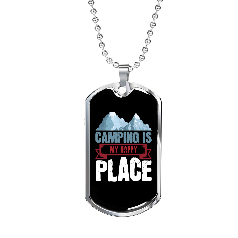 Camper Necklace Camping Happy Place Necklace Stainless Steel or 18k Gold Dog Tag 24" Chain-Express Your Love Gifts