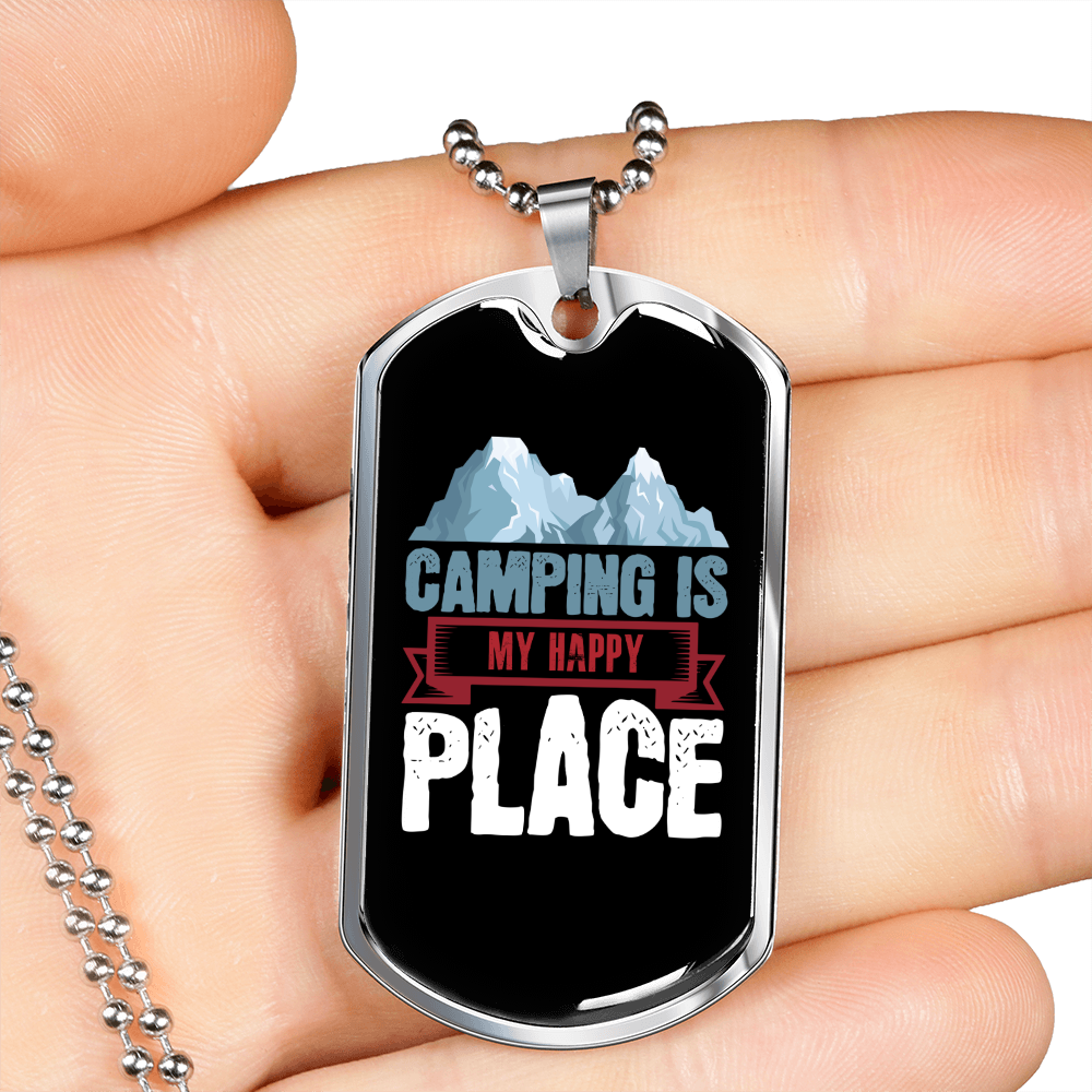 Camper Necklace Camping Happy Place Necklace Stainless Steel or 18k Gold Dog Tag 24" Chain-Express Your Love Gifts