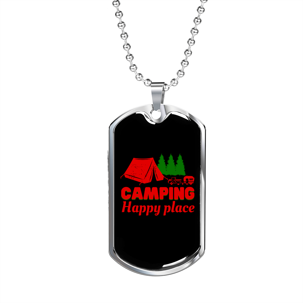 Camper Necklace Camping Happy Place Red Necklace Stainless Steel or 18k Gold Dog Tag 24" Chain-Express Your Love Gifts