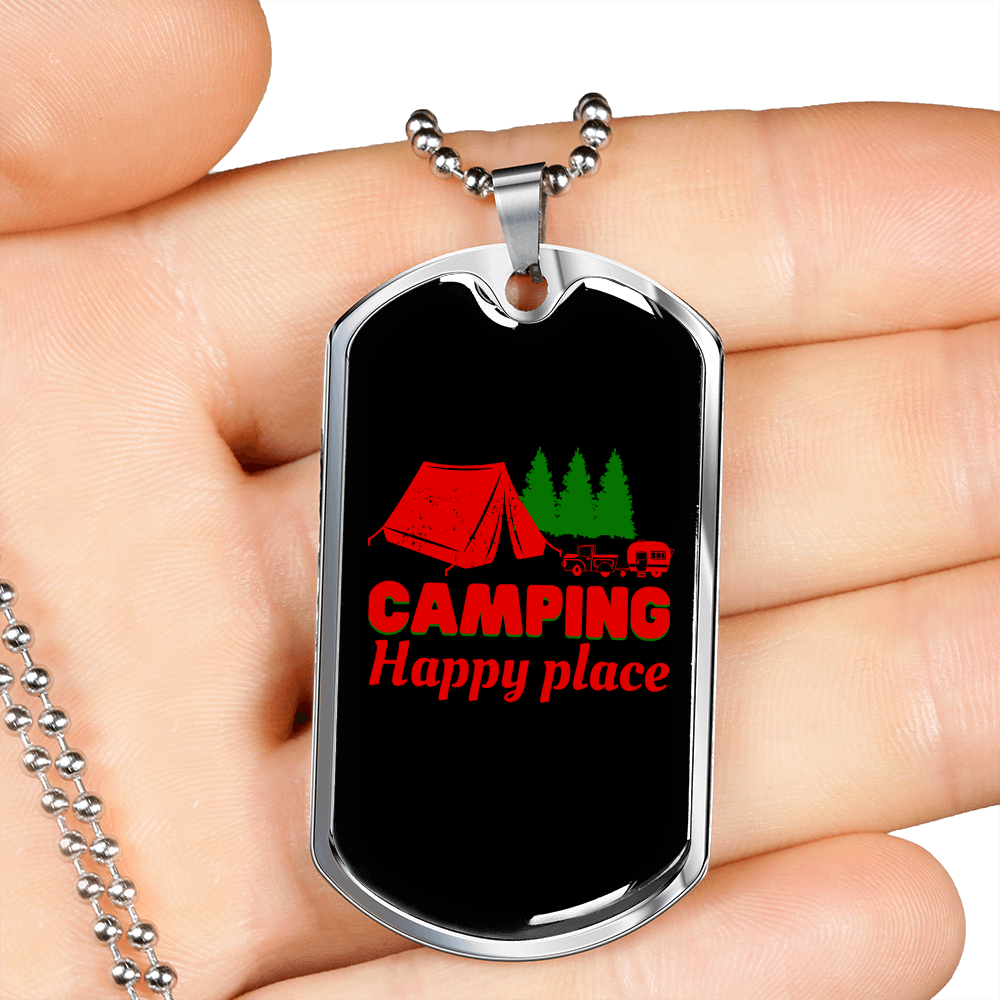 Camper Necklace Camping Happy Place Red Necklace Stainless Steel or 18k Gold Dog Tag 24" Chain-Express Your Love Gifts