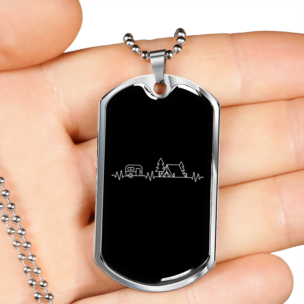 Camper Necklace Camping Heartbeat Necklace Stainless Steel or 18k Gold Dog Tag 24" Chain-Express Your Love Gifts