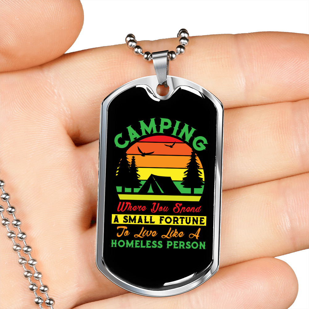 Camper Necklace Camping Homeless Person Necklace Stainless Steel or 18k Gold Dog Tag 24" Chain-Express Your Love Gifts