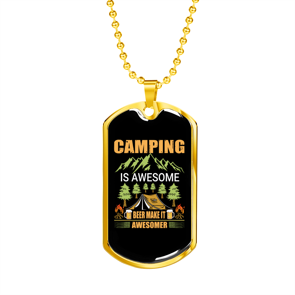 Camper Necklace Camping Is Awesome Mountain Necklace Stainless Steel or 18k Gold Dog Tag 24" Chain-Express Your Love Gifts