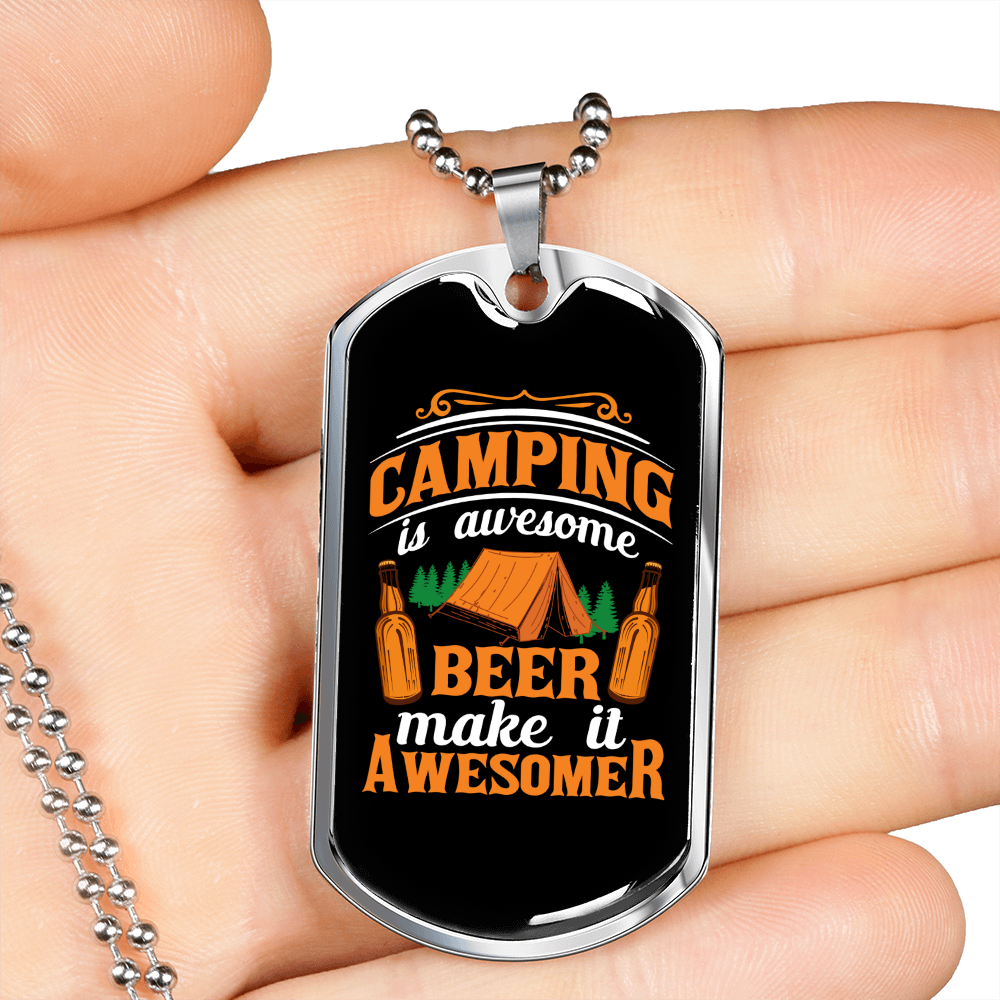 Camper Necklace Camping is Awesome Necklace Stainless Steel or 18k Gold Dog Tag 24" Chain-Express Your Love Gifts