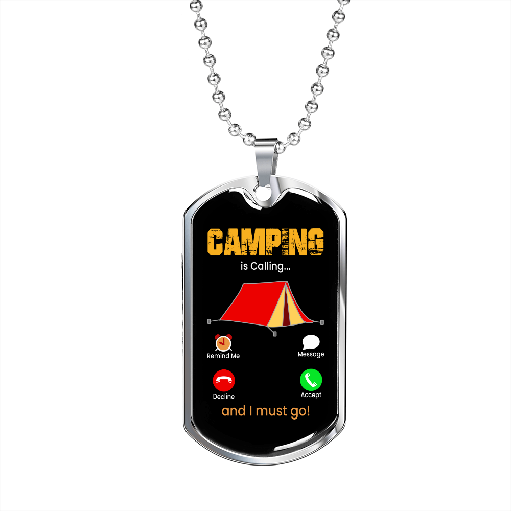 Camper Necklace Camping is Calling Necklace Stainless Steel or 18k Gold Dog Tag 24" Chain-Express Your Love Gifts