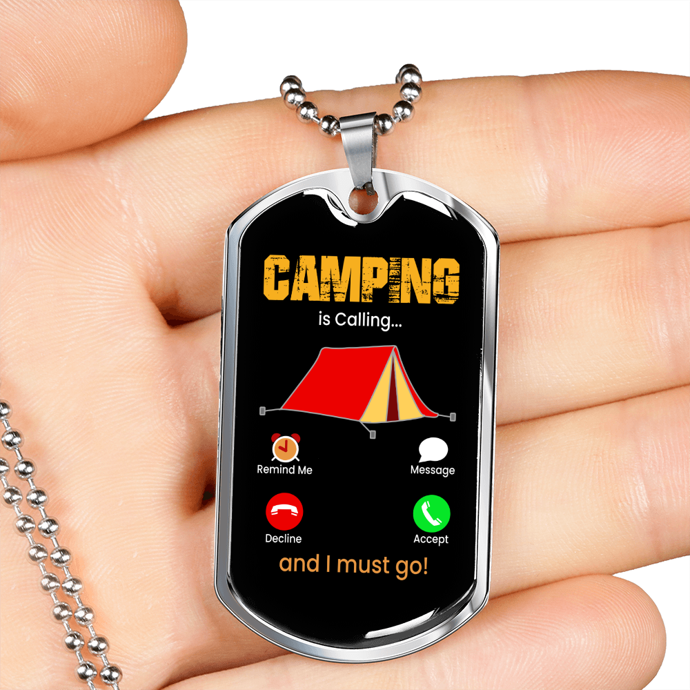 Camper Necklace Camping is Calling Necklace Stainless Steel or 18k Gold Dog Tag 24" Chain-Express Your Love Gifts