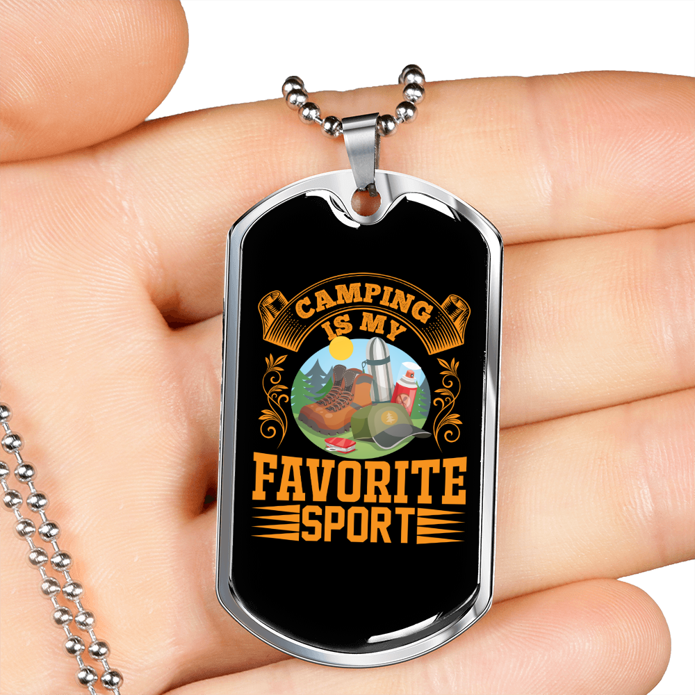 Camper Necklace Camping is My Favorite Sport Necklace Stainless Steel or 18k Gold Dog Tag 24" Chain-Express Your Love Gifts