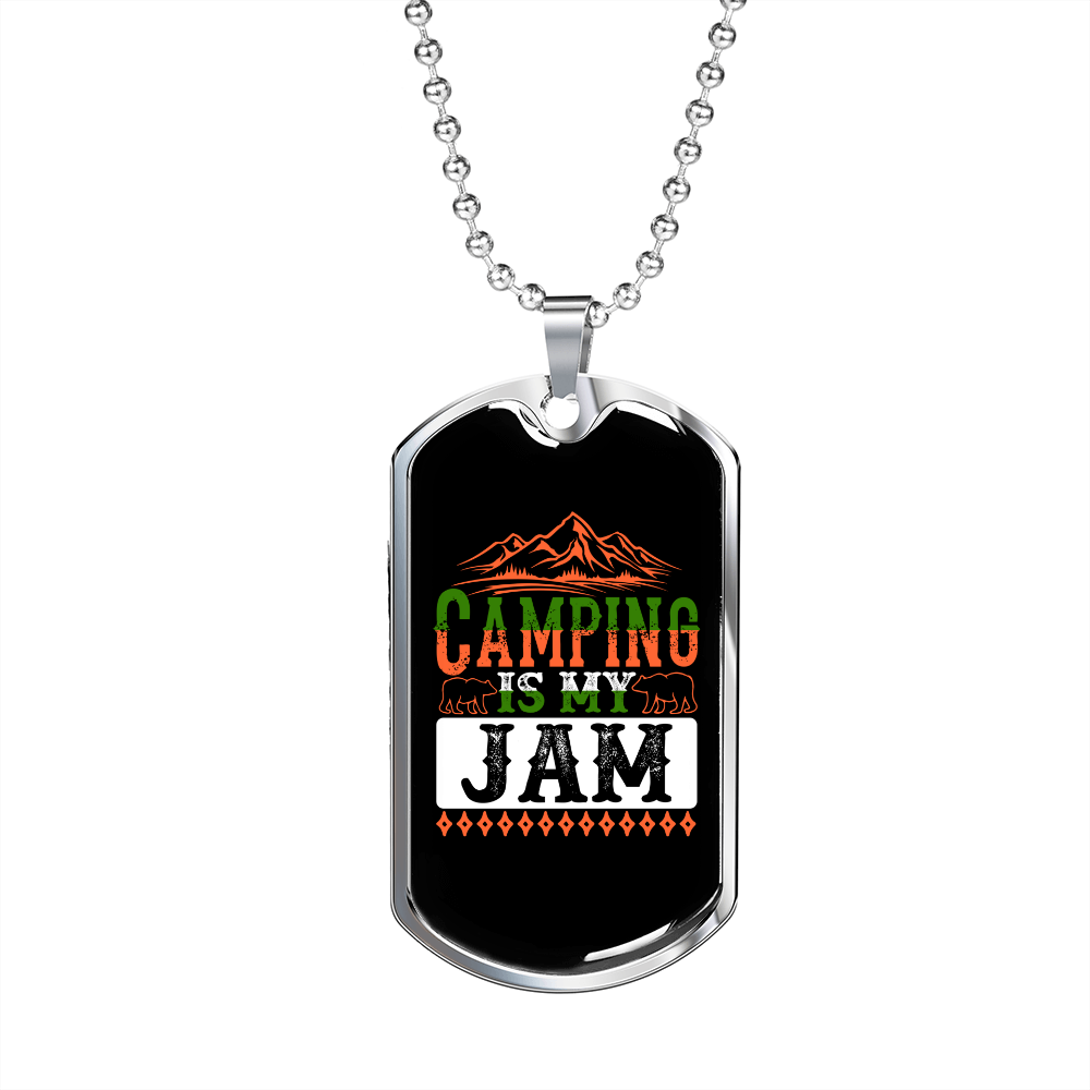 Camper Necklace Camping is My Jam Bear Necklace Stainless Steel or 18k Gold Dog Tag 24" Chain-Express Your Love Gifts