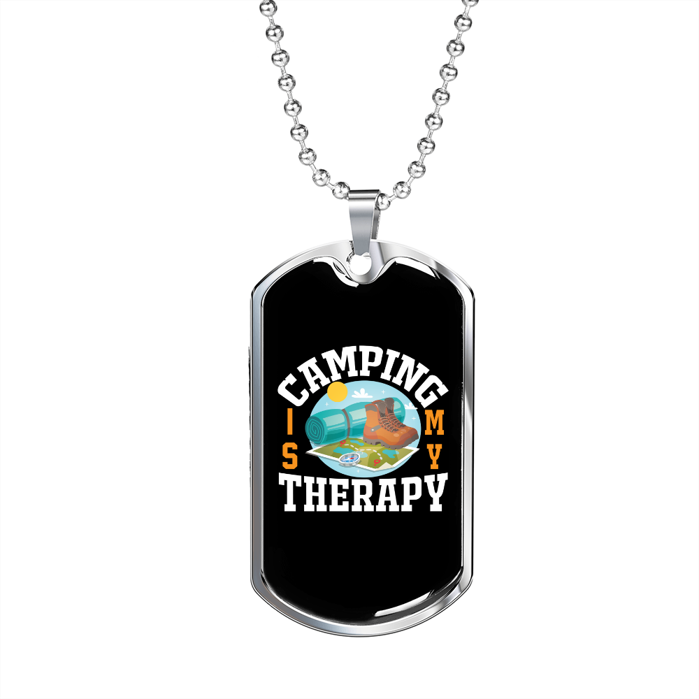 Camper Necklace Camping is Theraphy Necklace Stainless Steel or 18k Gold Dog Tag 24" Chain-Express Your Love Gifts