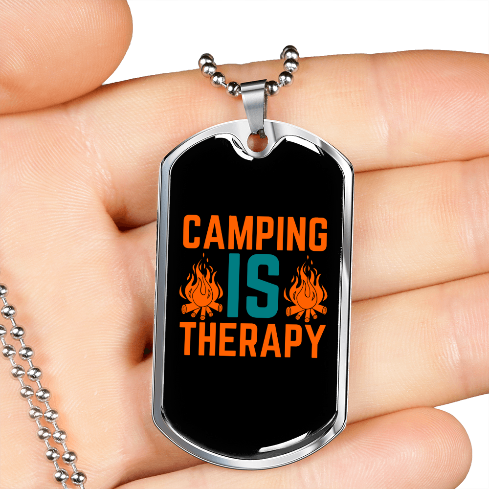 Camper Necklace Camping is Theraphy Orange Necklace Stainless Steel or 18k Gold Dog Tag 24" Chain-Express Your Love Gifts