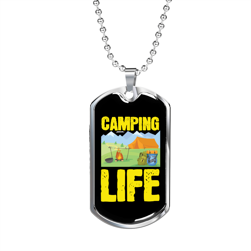Camper Necklace Camping Life Yellow Necklace Stainless Steel or 18k Gold Dog Tag 24" Chain-Express Your Love Gifts