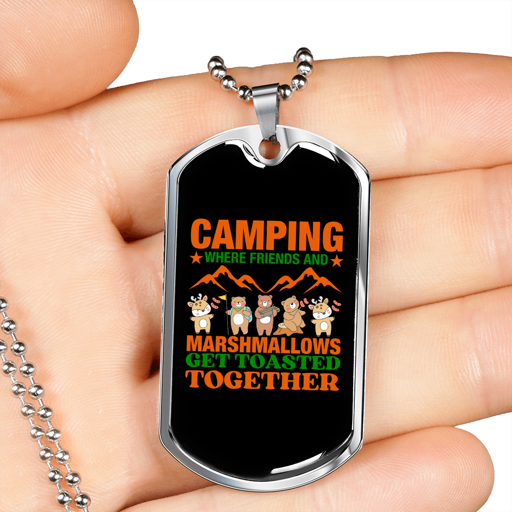 Camper Necklace Camping Marshmallows Toasted Necklace Stainless Steel or 18k Gold Dog Tag 24" Chain-Express Your Love Gifts