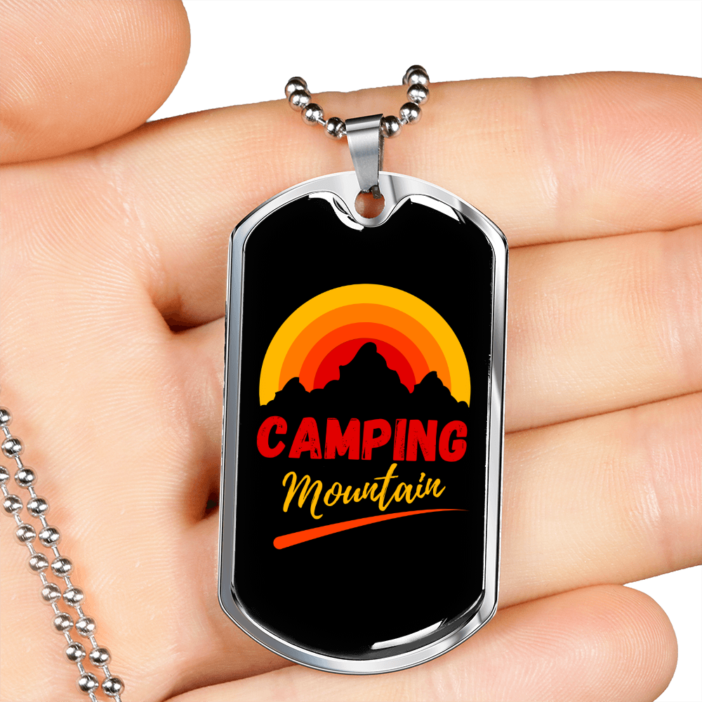 Camper Necklace Camping Mountain Necklace Stainless Steel or 18k Gold Dog Tag 24" Chain-Express Your Love Gifts
