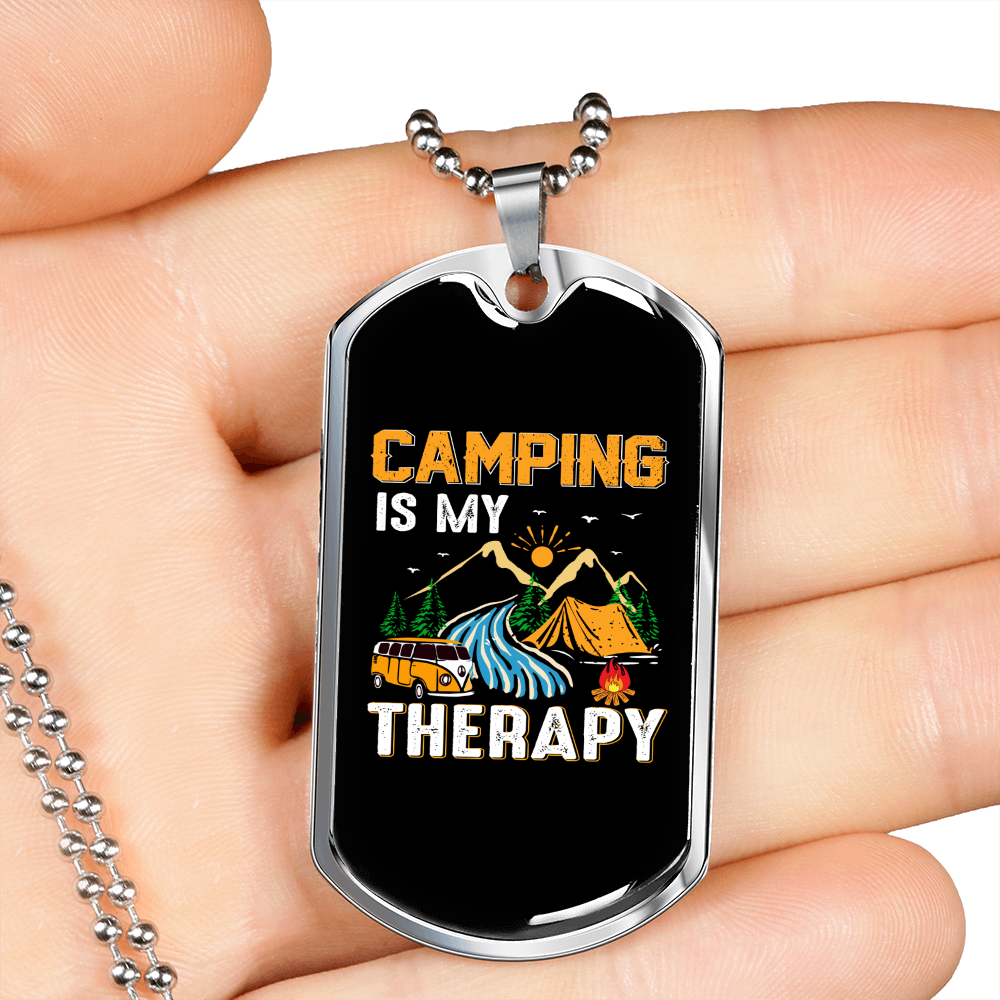 Camper Necklace Camping My Therapy Necklace Stainless Steel or 18k Gold Dog Tag 24" Chain-Express Your Love Gifts