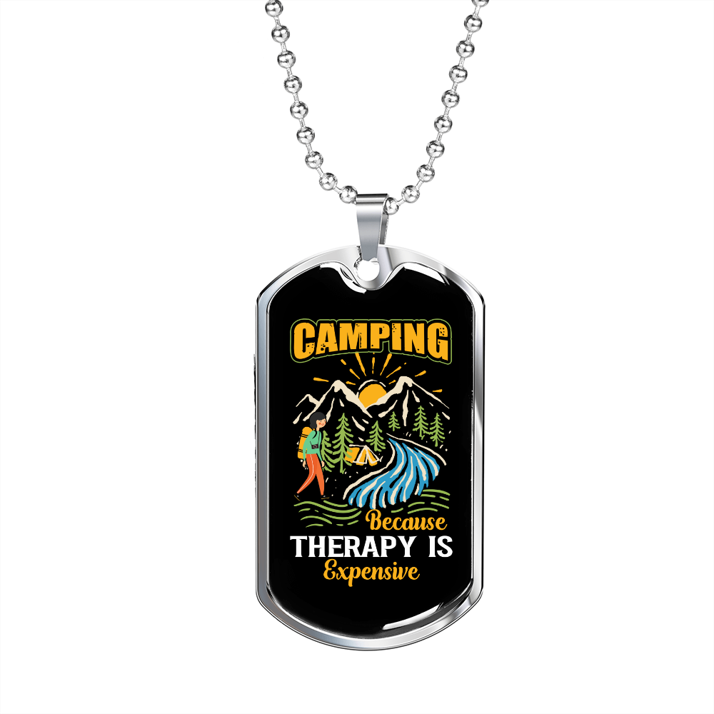 Camper Necklace Camping Therapy Is Necklace Stainless Steel or 18k Gold Dog Tag 24" Chain-Express Your Love Gifts