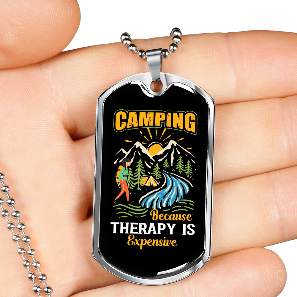 Camper Necklace Camping Therapy Is Necklace Stainless Steel or 18k Gold Dog Tag 24" Chain-Express Your Love Gifts