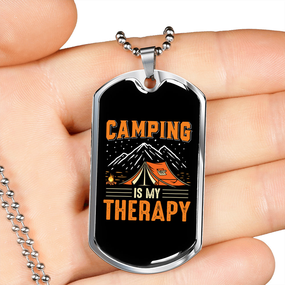 Camper Necklace Camping Therapy Orange Necklace Stainless Steel or 18k Gold Dog Tag 24" Chain-Express Your Love Gifts