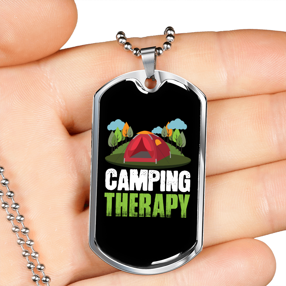 Camper Necklace Camping Therapy Pink Tent Necklace Stainless Steel or 18k Gold Dog Tag 24" Chain-Express Your Love Gifts