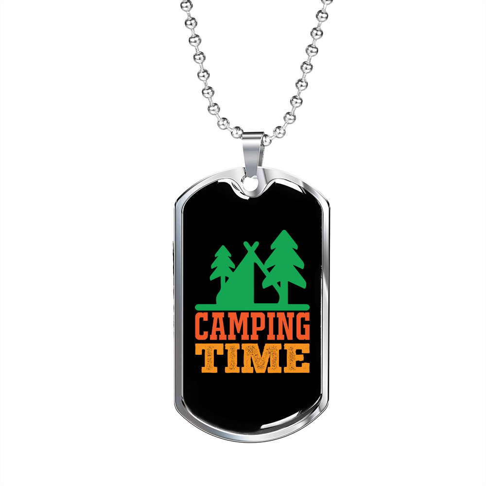 Camper Necklace Camping Time Green Necklace Stainless Steel or 18k Gold Dog Tag 24" Chain-Express Your Love Gifts