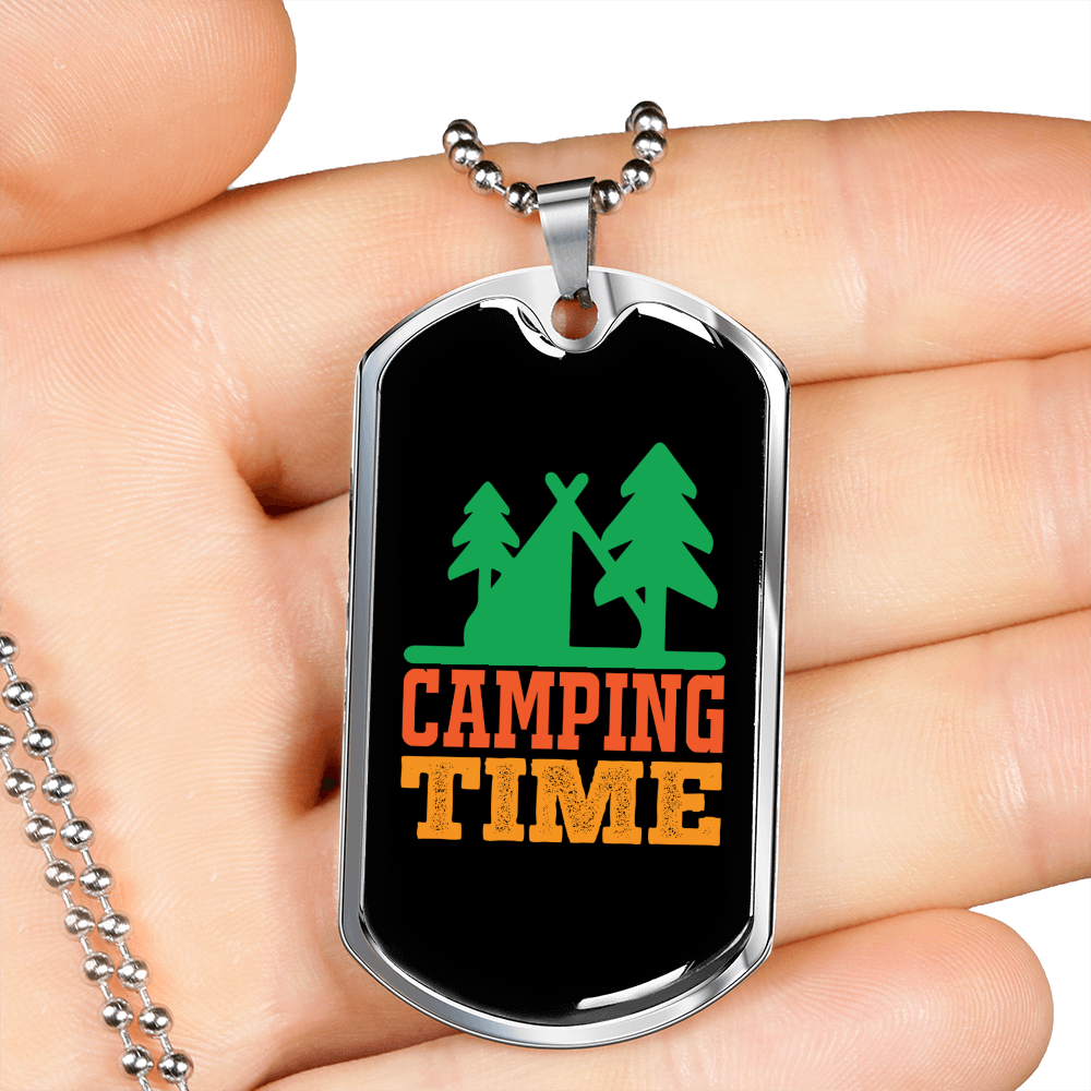 Camper Necklace Camping Time Green Necklace Stainless Steel or 18k Gold Dog Tag 24" Chain-Express Your Love Gifts