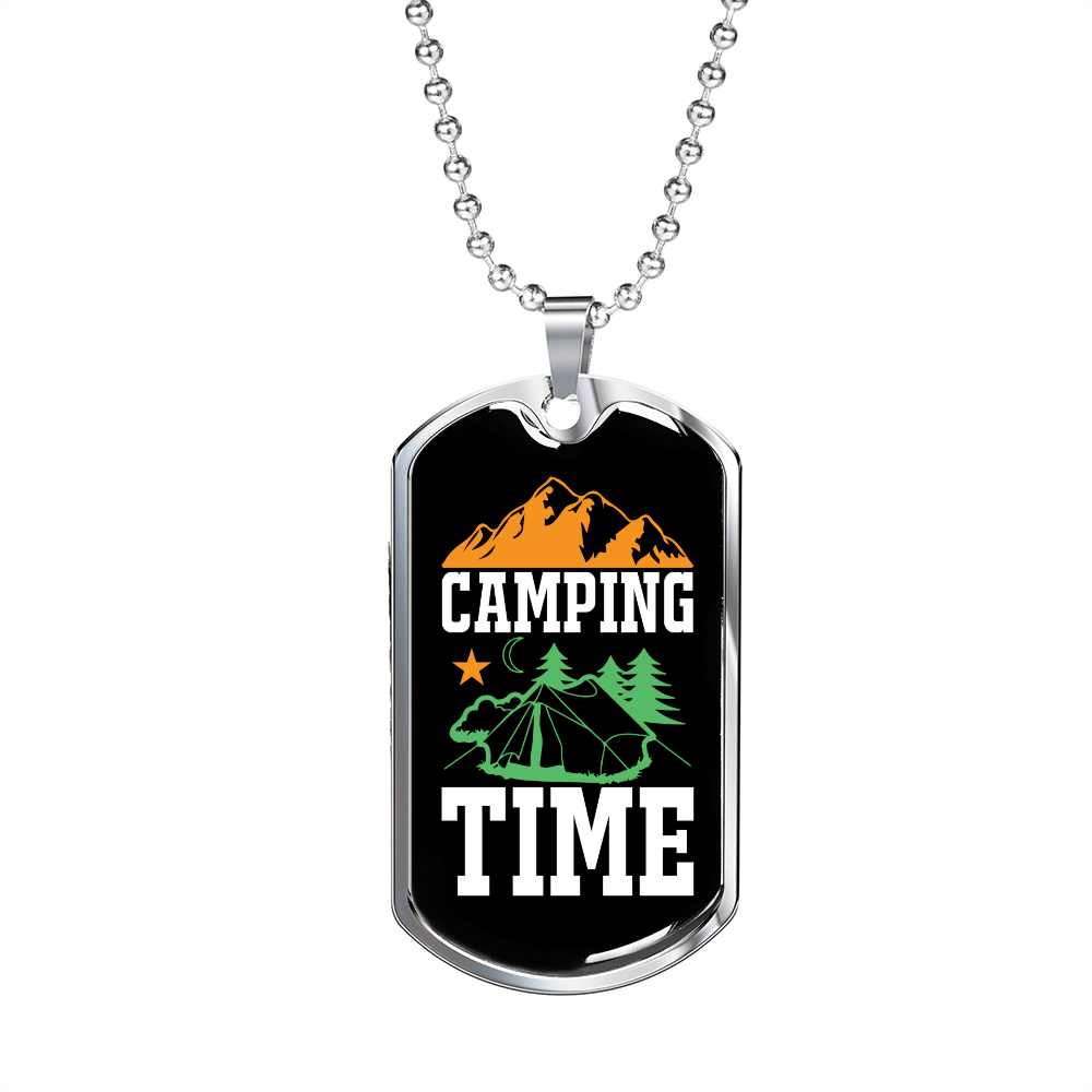 Camper Necklace Camping Time White Necklace Stainless Steel or 18k Gold Dog Tag 24" Chain-Express Your Love Gifts