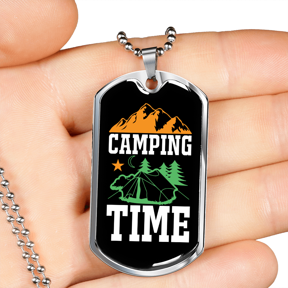Camper Necklace Camping Time White Necklace Stainless Steel or 18k Gold Dog Tag 24" Chain-Express Your Love Gifts