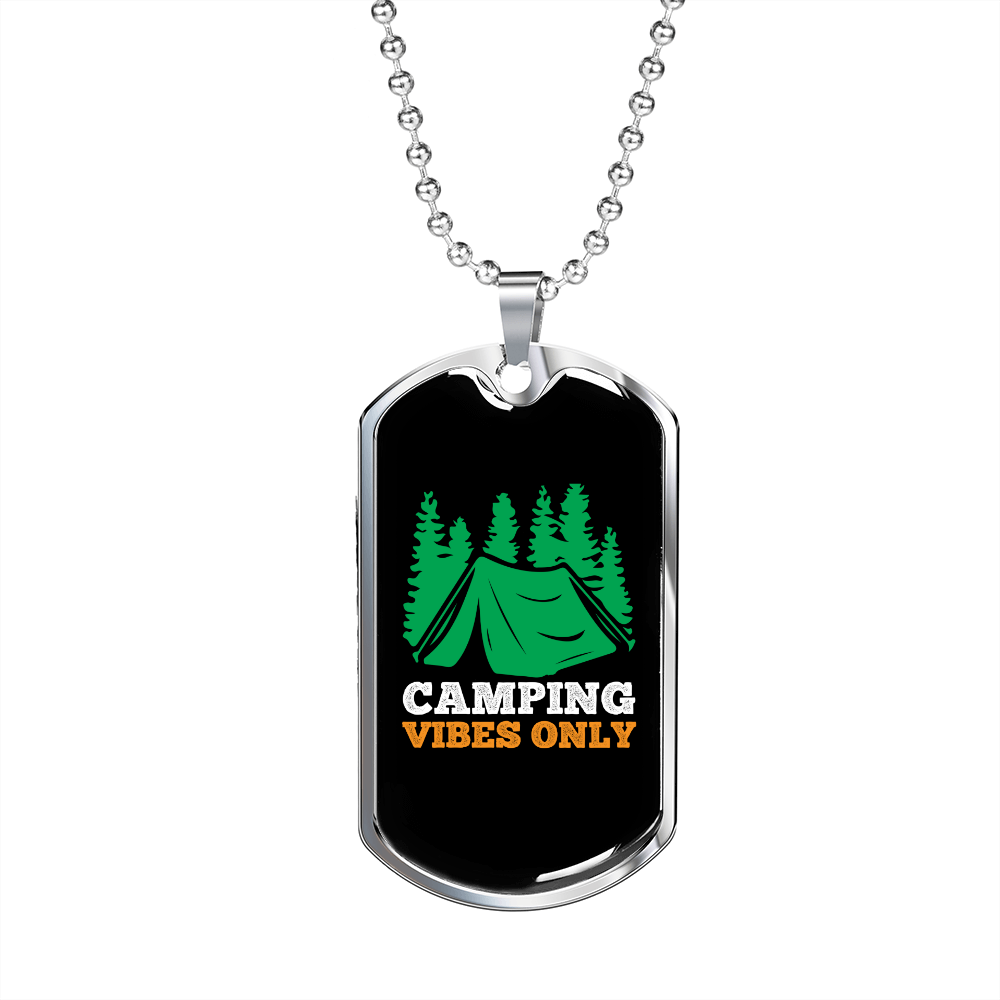 Camper Necklace Camping Vibes Only Green Necklace Stainless Steel or 18k Gold Dog Tag 24" Chain-Express Your Love Gifts