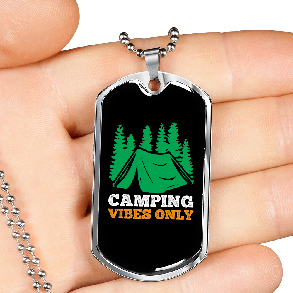 Camper Necklace Camping Vibes Only Green Necklace Stainless Steel or 18k Gold Dog Tag 24" Chain-Express Your Love Gifts