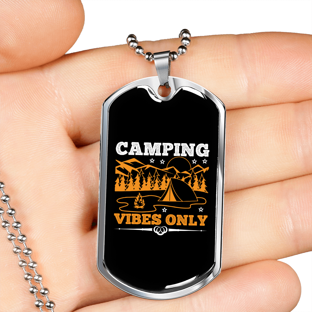 Camper Necklace Camping Vibes Only Necklace Stainless Steel or 18k Gold Dog Tag 24" Chain-Express Your Love Gifts