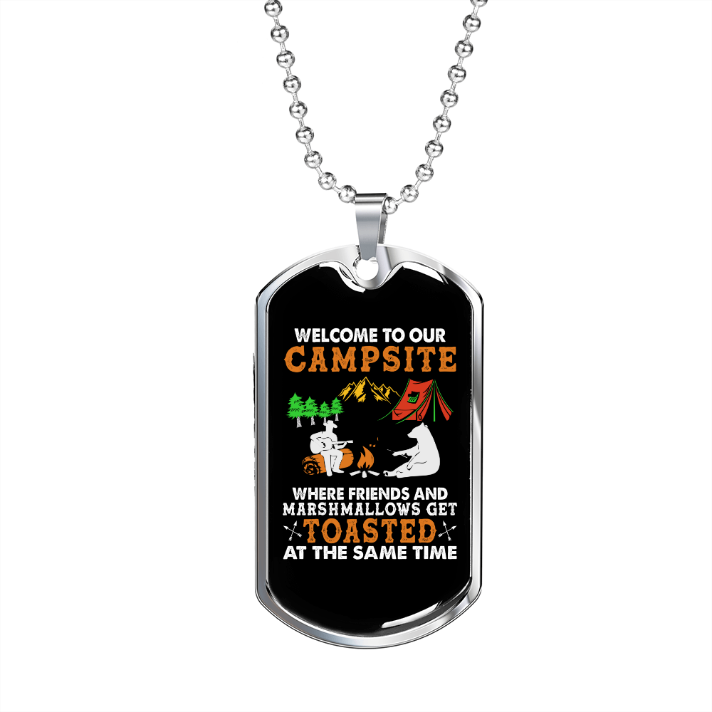 Camper Necklace Campsite Toasted White Necklace Stainless Steel or 18k Gold Dog Tag 24" Chain-Express Your Love Gifts