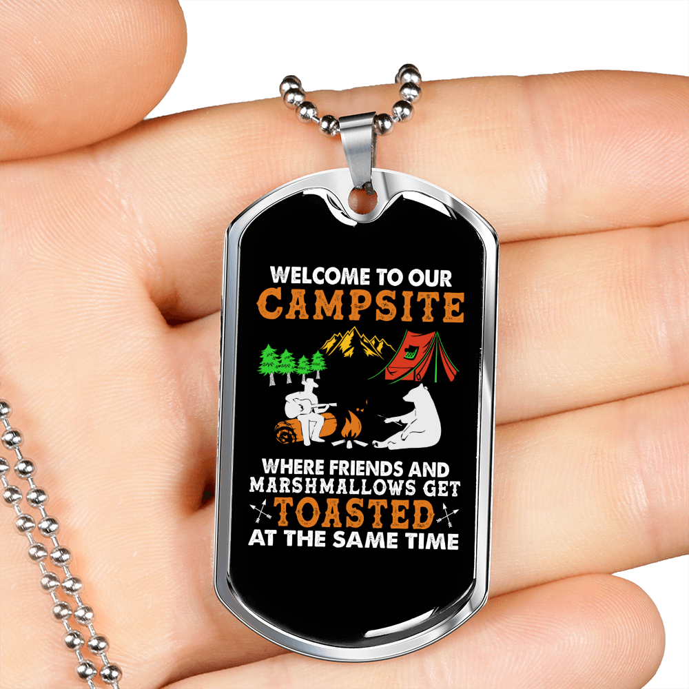 Camper Necklace Campsite Toasted White Necklace Stainless Steel or 18k Gold Dog Tag 24" Chain-Express Your Love Gifts
