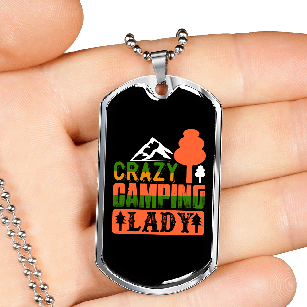 Camper Necklace Crazy Camping Lady Necklace Stainless Steel or 18k Gold Dog Tag 24" Chain-Express Your Love Gifts