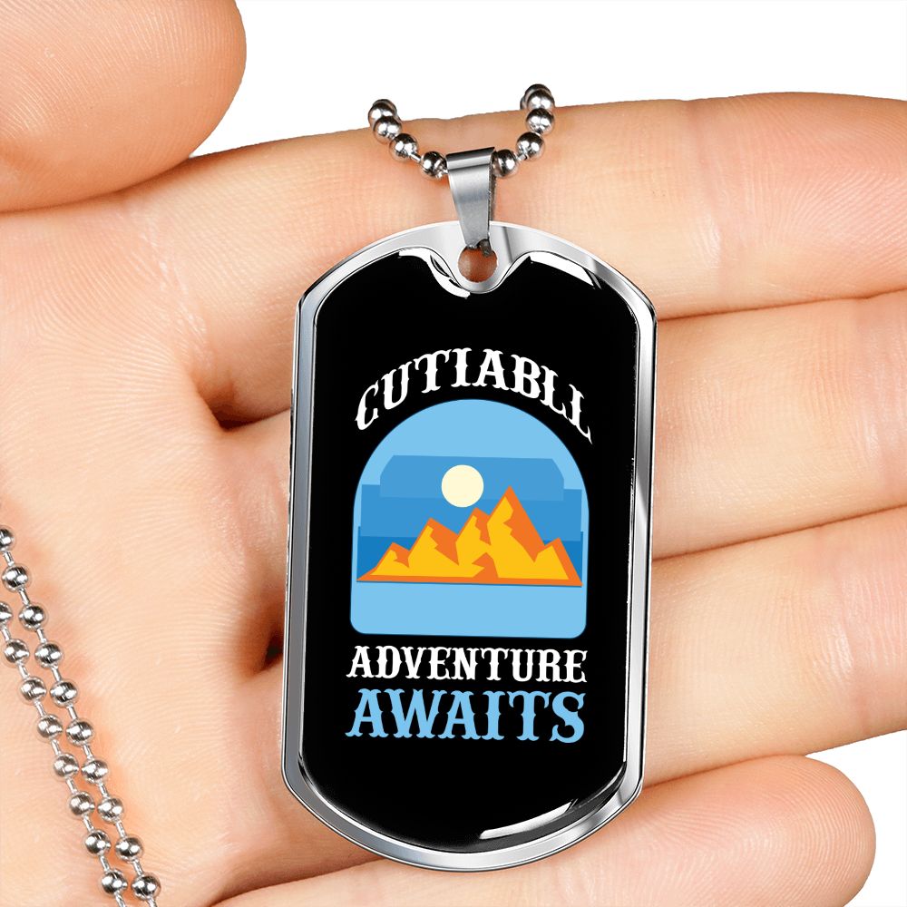 Camper Necklace Cutiabll Adventure Awaits Yellow Mountain Necklace Stainless Steel or 18k Gold Dog Tag 24" Chain-Express Your Love Gifts