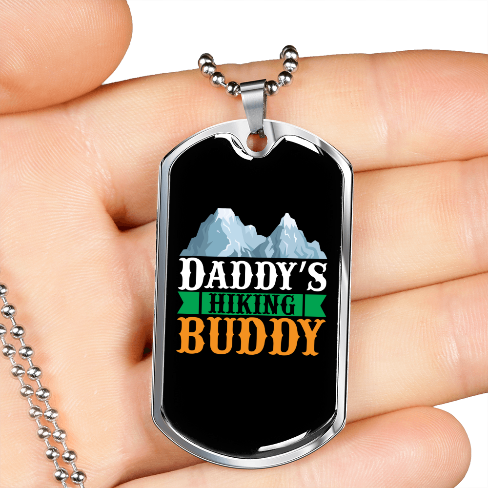Camper Necklace Daddy's Hiking Buddy White Mountain Necklace Stainless Steel or 18k Gold Dog Tag 24" Chain-Express Your Love Gifts