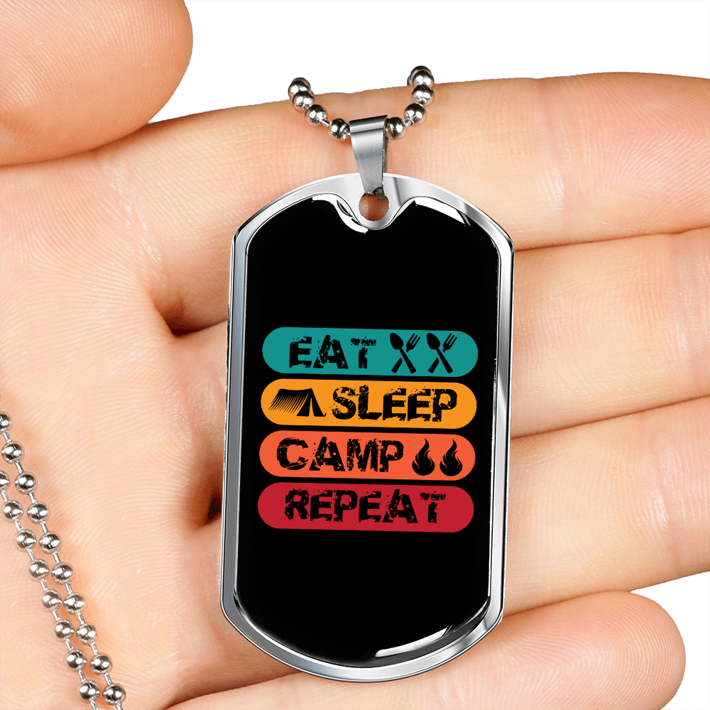 Camper Necklace Eat Sleep Camp Repeat-01 Necklace Stainless Steel or 18k Gold Dog Tag 24" Chain-Express Your Love Gifts