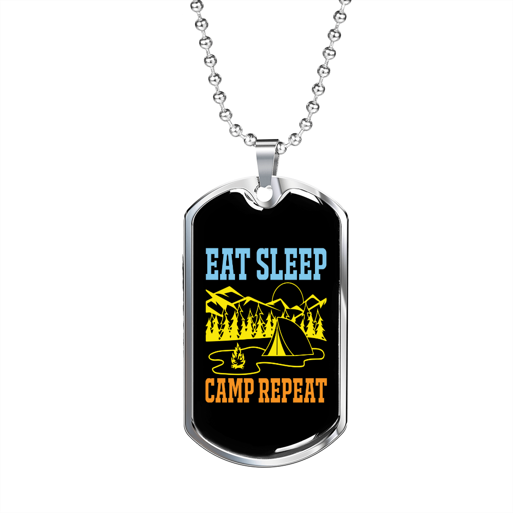 Camper Necklace Eat Sleep Camp Repeat Necklace Stainless Steel or 18k Gold Dog Tag 24" Chain-Express Your Love Gifts