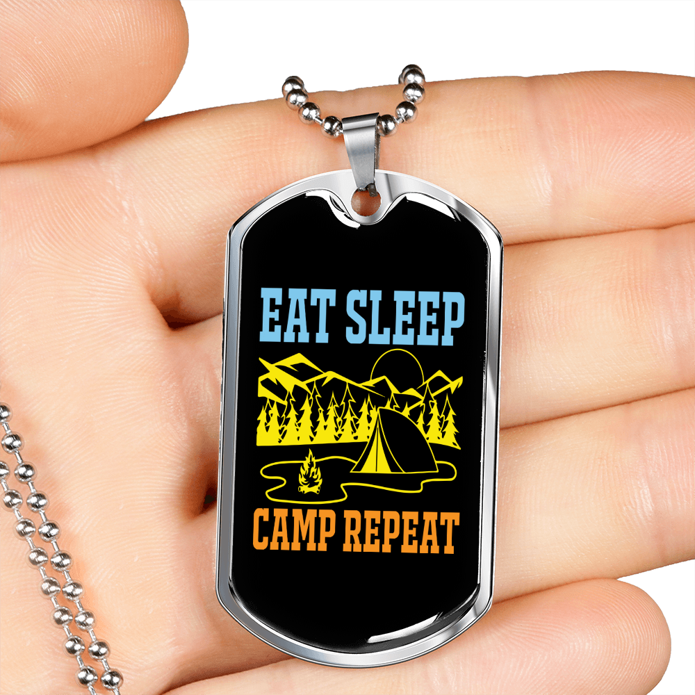 Camper Necklace Eat Sleep Camp Repeat Necklace Stainless Steel or 18k Gold Dog Tag 24" Chain-Express Your Love Gifts