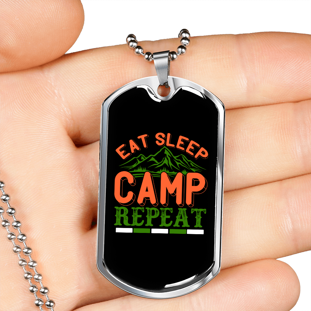 Camper Necklace Eat Sleep Camp Repeat Red Necklace Stainless Steel or 18k Gold Dog Tag 24" Chain-Express Your Love Gifts