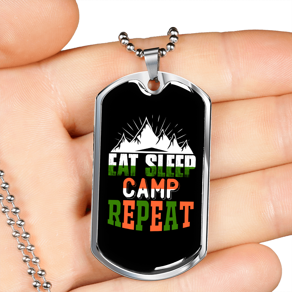 Camper Necklace Eat Sleep Camp Repeat White Mountain Necklace Stainless Steel or 18k Gold Dog Tag 24" Chain-Express Your Love Gifts