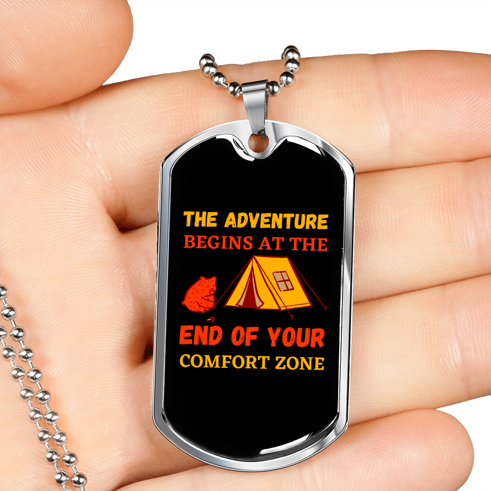 Camper Necklace End of Comfort Zone Necklace Stainless Steel or 18k Gold Dog Tag 24" Chain-Express Your Love Gifts