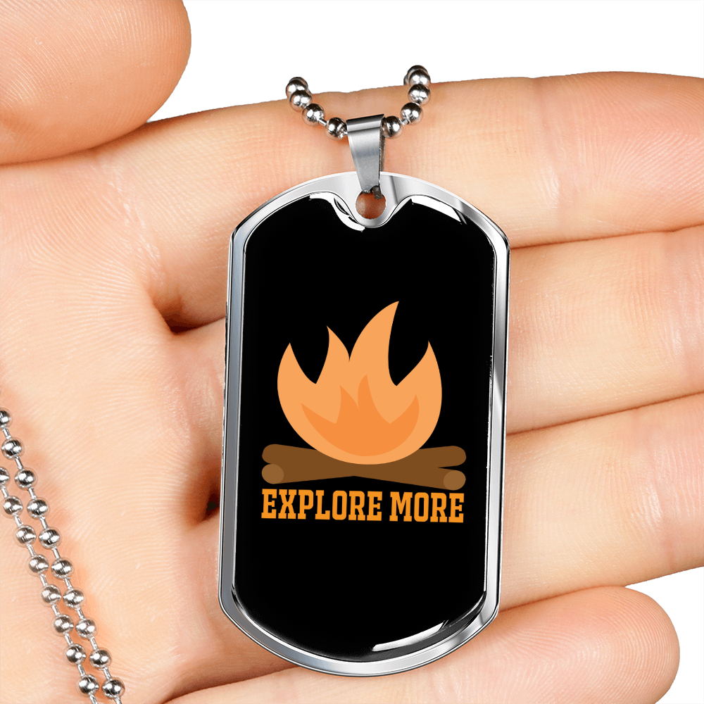 Camper Necklace Explore More Campfire Necklace Stainless Steel or 18k Gold Dog Tag 24" Chain-Express Your Love Gifts