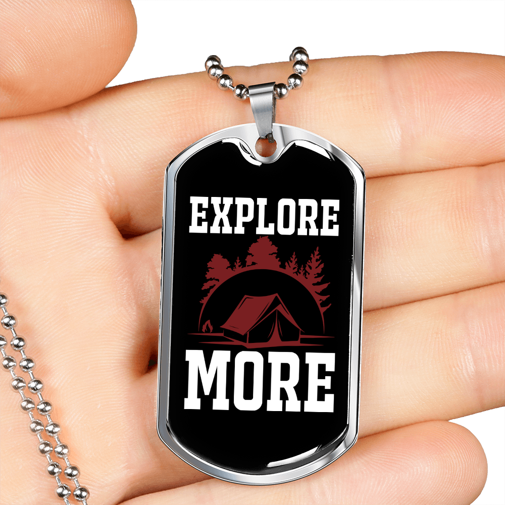 Camper Necklace Explore More White Necklace Stainless Steel or 18k Gold Dog Tag 24" Chain-Express Your Love Gifts