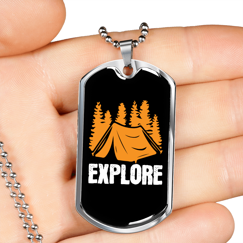 Camper Necklace Explore Necklace Stainless Steel or 18k Gold Dog Tag 24" Chain-Express Your Love Gifts