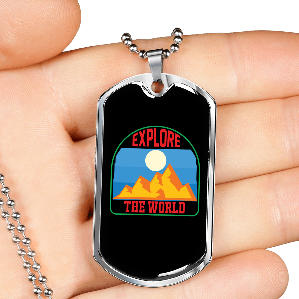 Camper Necklace Explore the World Necklace Stainless Steel or 18k Gold Dog Tag 24" Chain-Express Your Love Gifts